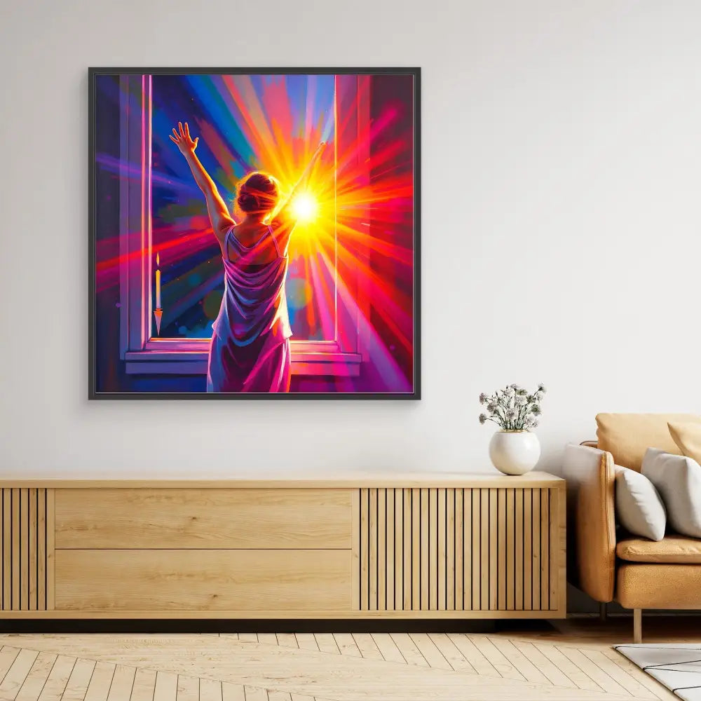 A vibrant artwork depicting a silhouetted figure reaching toward a radiating sunburst through a window.