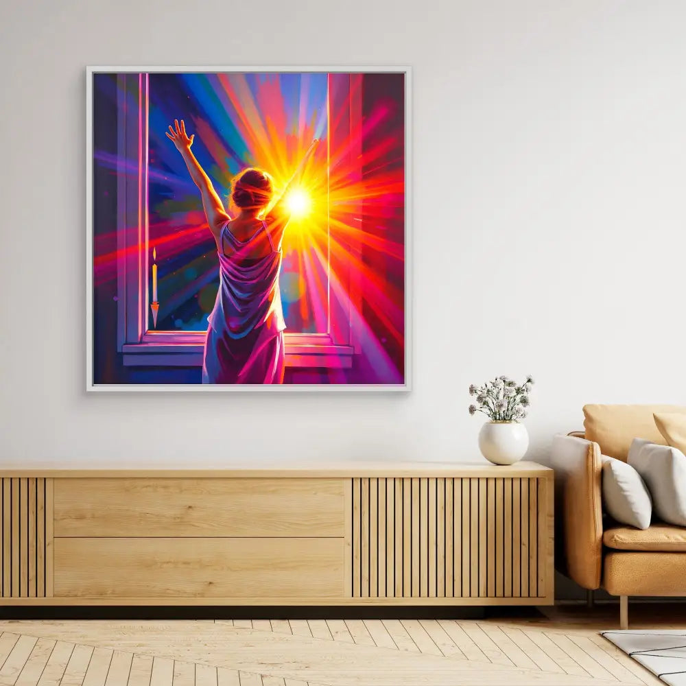 Vibrant artwork depicting a silhouetted figure reaching toward a radiating sunburst through a window.