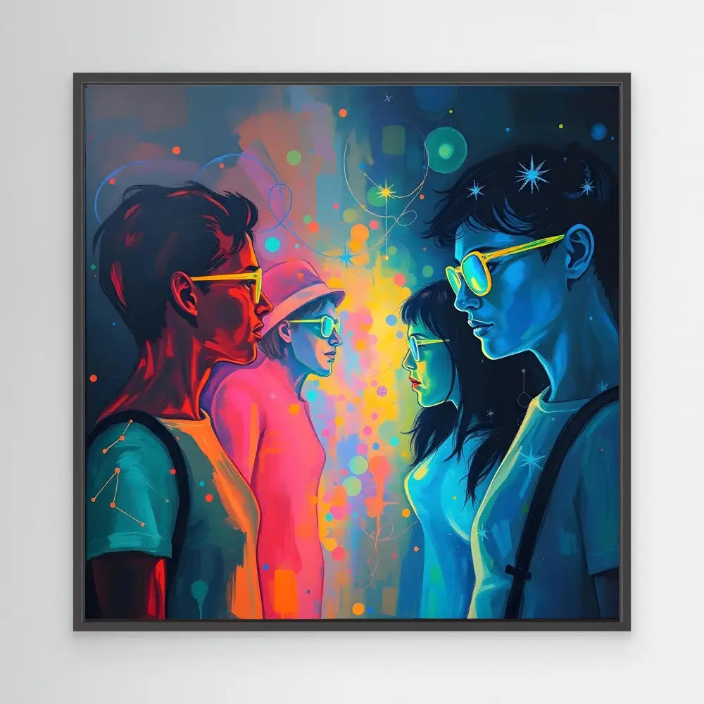 Vibrant artwork depicting silhouettes in contrasting warm and cool colors meeting in a colorful cosmic middle.