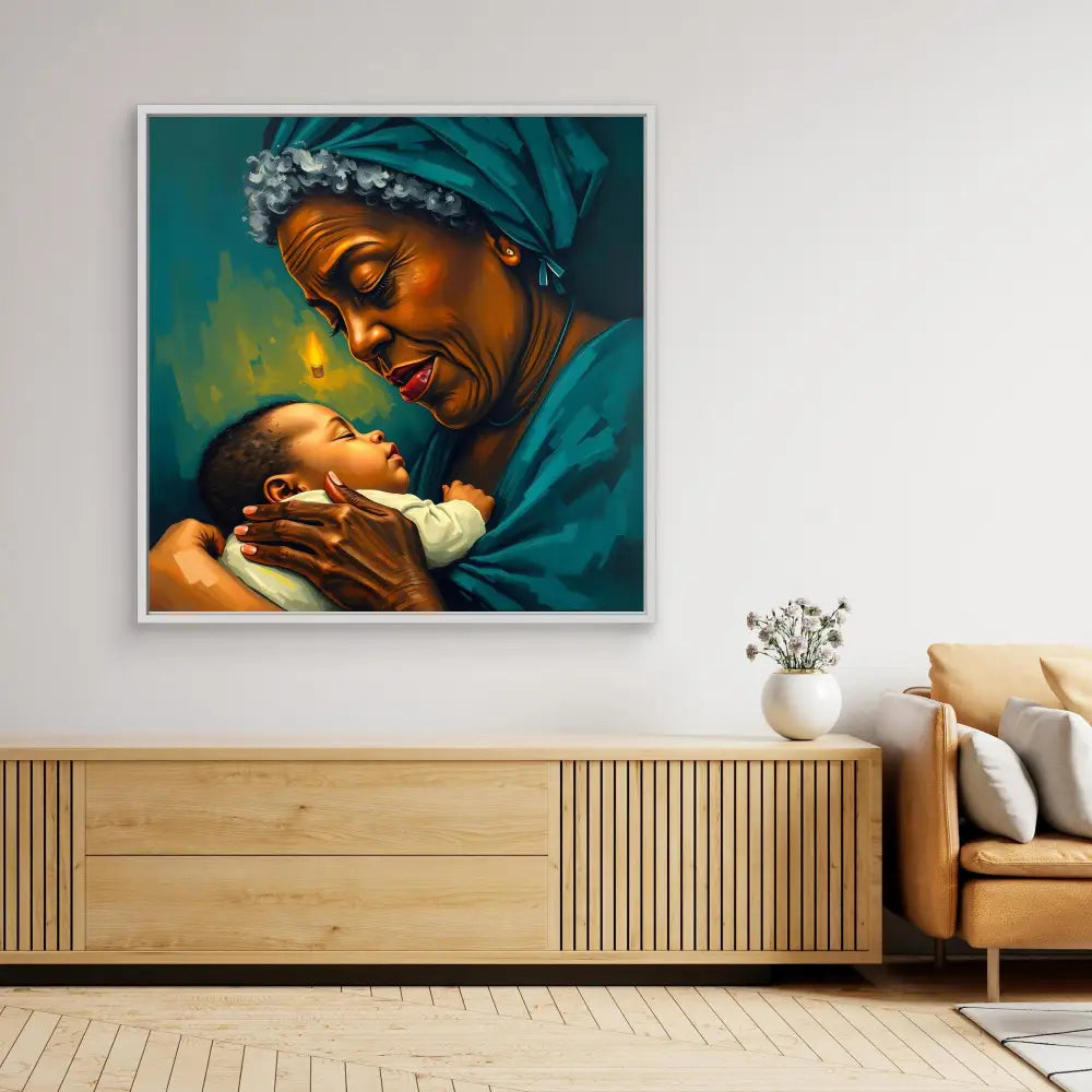 A vibrant artwork depicting a tender moment between a grandmother and baby against a teal background.