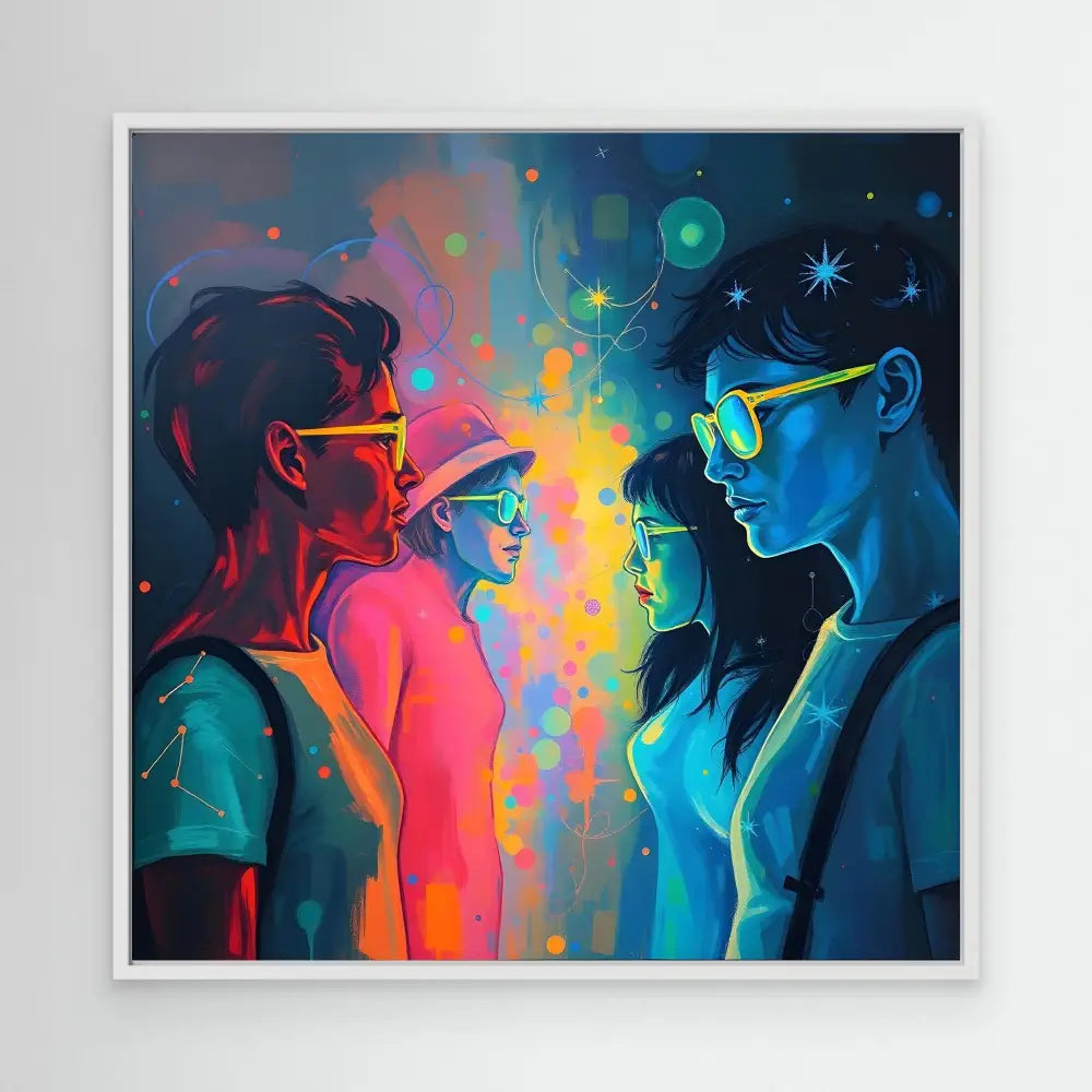 Vibrant artwork depicting three silhouetted figures in contrasting warm and cool colors with glowing glasses.