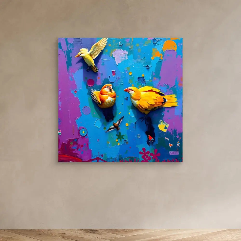 Vibrant artwork featuring three yellow birds against a blue and purple background.