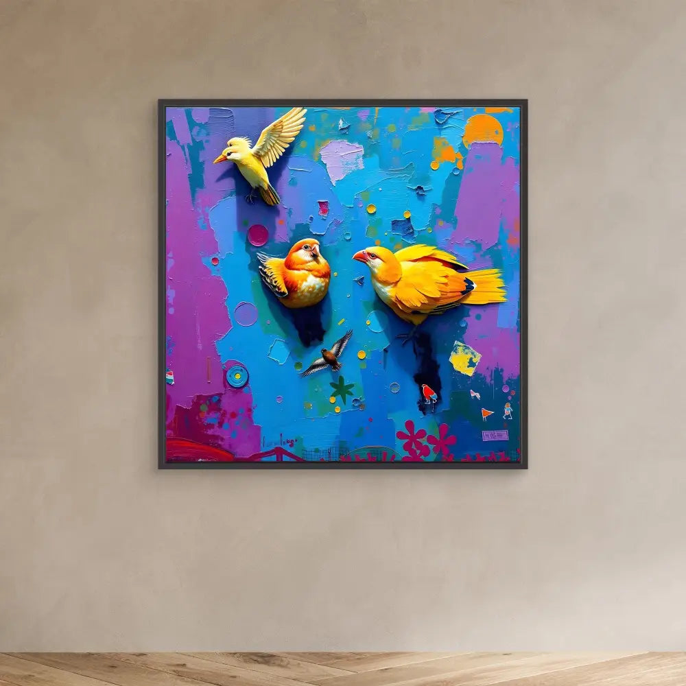 Vibrant artwork featuring three yellow birds against a blue and purple background.