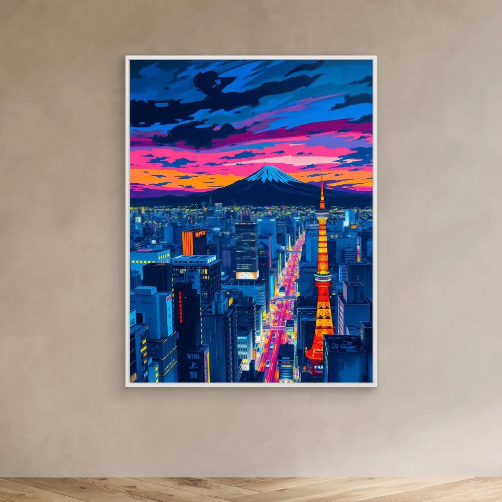 Vibrant artwork depicting Tokyo’s cityscape at sunset with Mount Fuji and Tokyo Tower against a colorful sky.