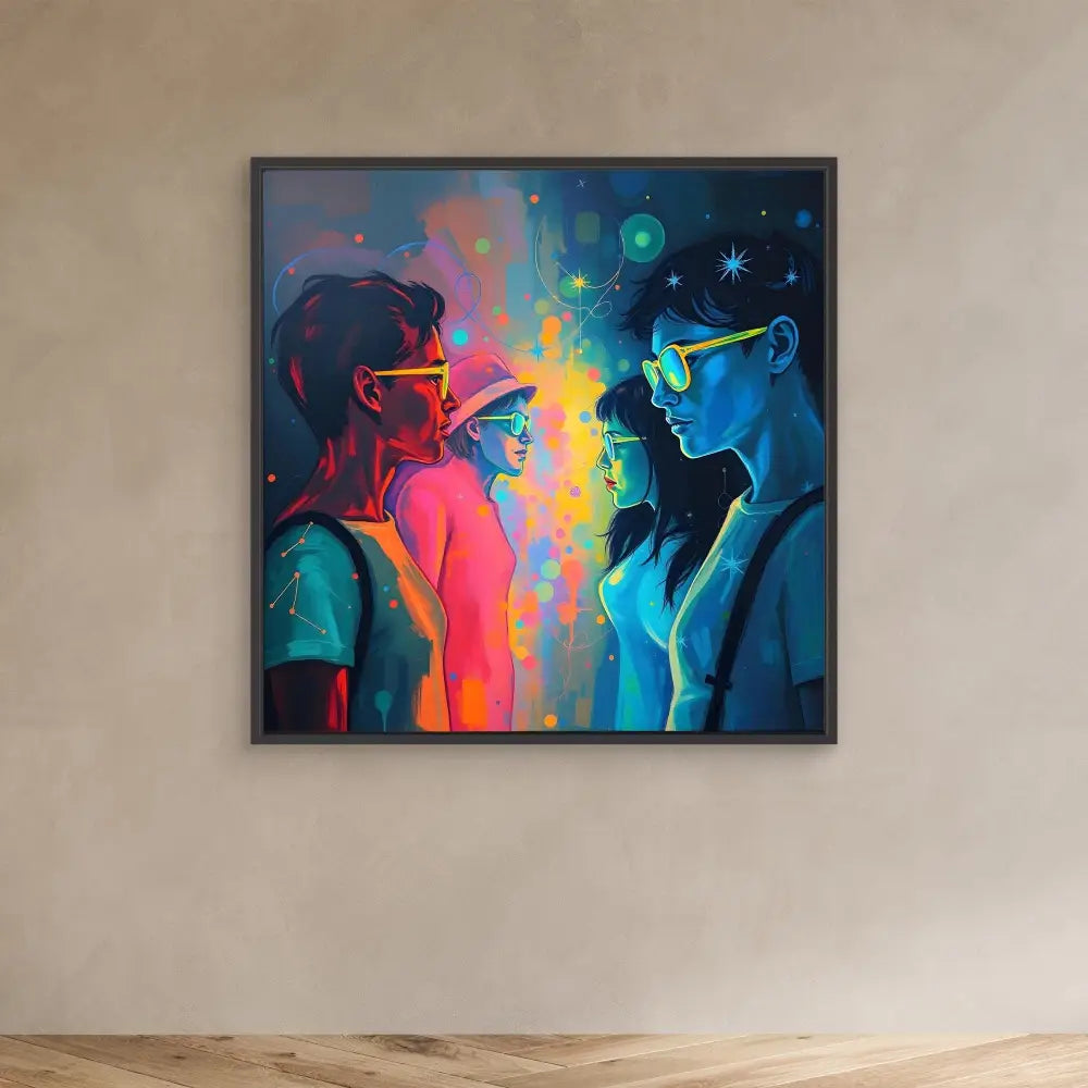 Vibrant artwork depicting two silhouetted figures facing each other with a colorful cosmic divide between them.