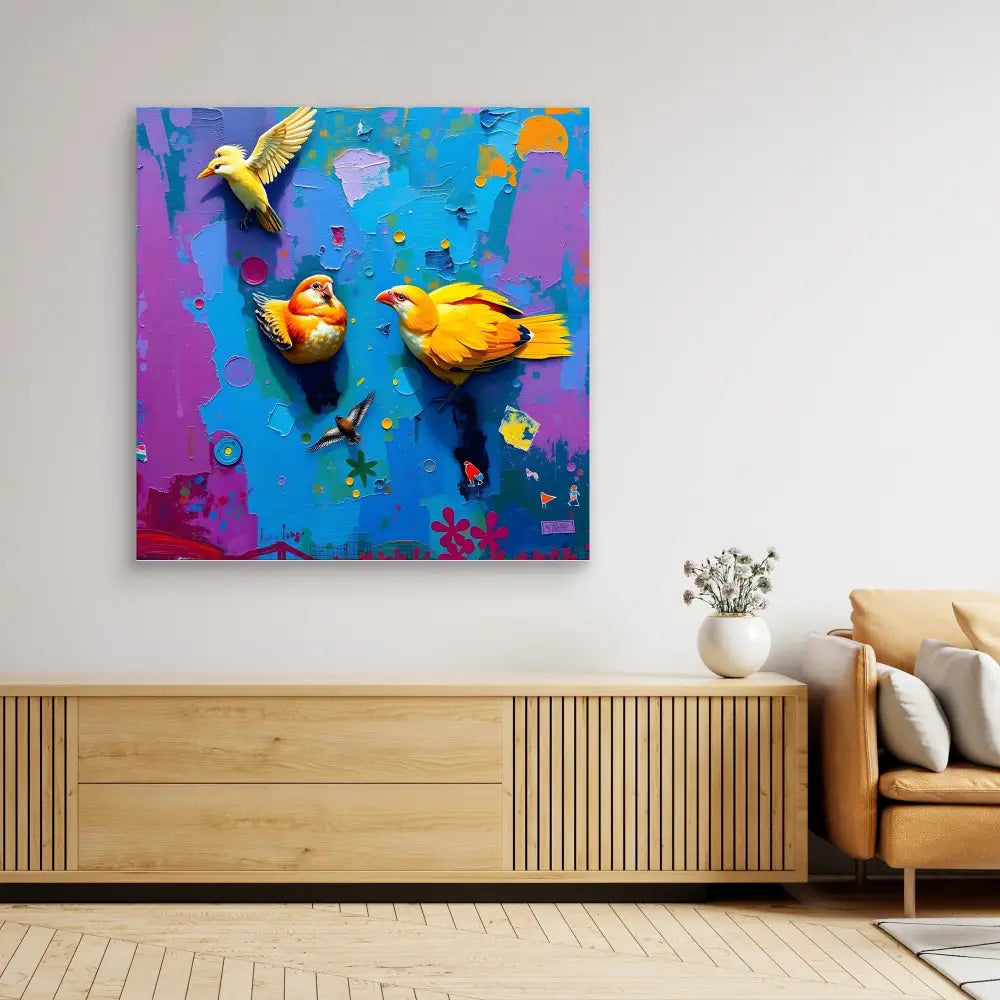 Vibrant artwork featuring yellow birds against a blue and purple background.