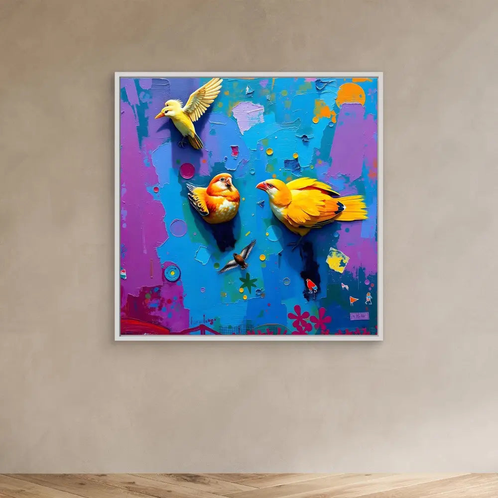 Vibrant artwork featuring yellow birds against a blue and purple background.