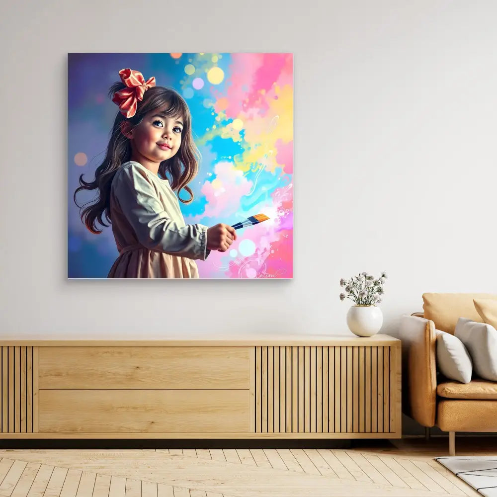 Vibrant artwork depicting a young child creating colorful magical effects with a paintbrush.