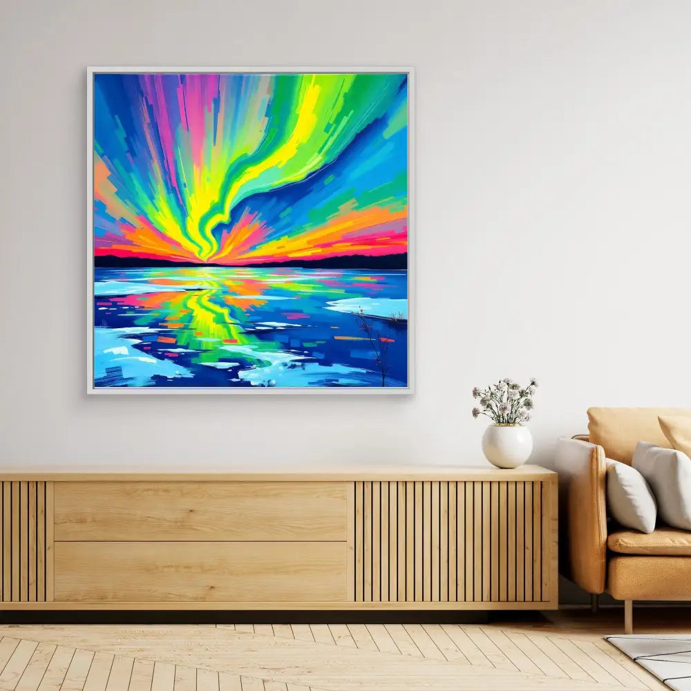 Vibrant aurora borealis painting with rainbow colors reflecting over water.