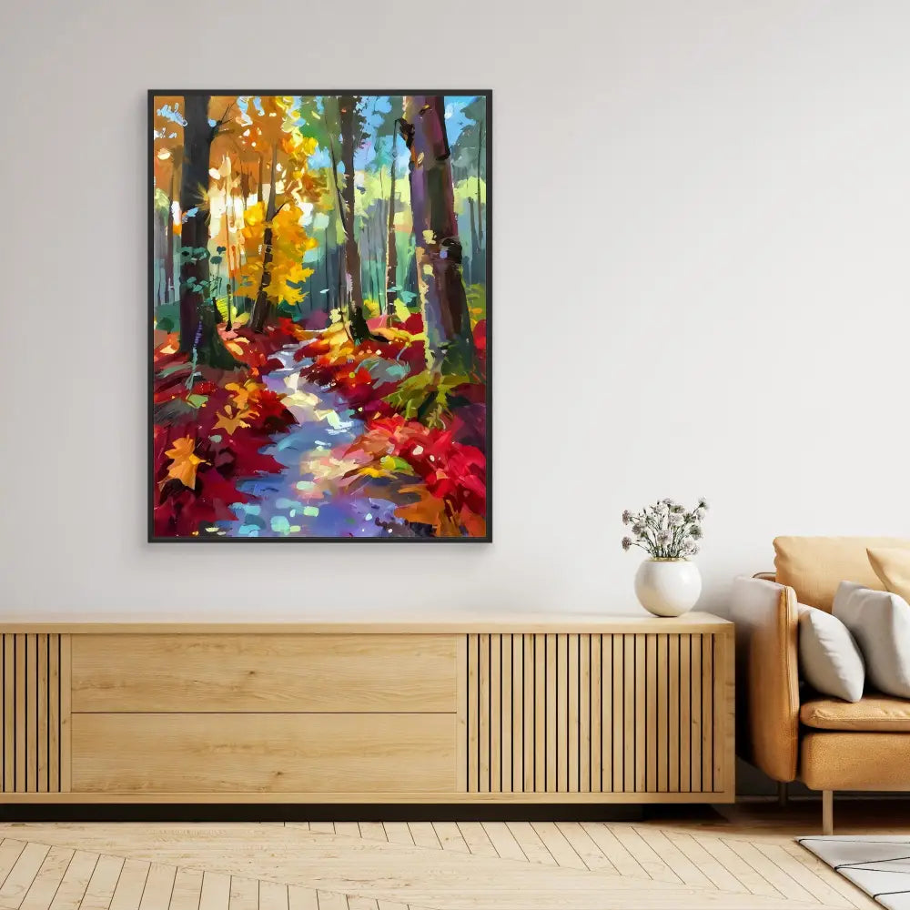 Vibrant autumn forest painting with colorful fallen leaves along a winding path.