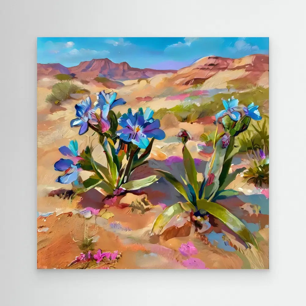 Vibrant blue desert iris flowers blooming among desert plants.