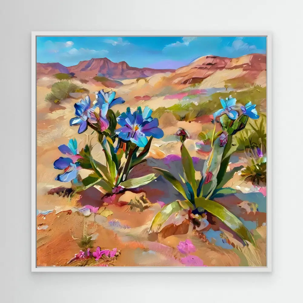 Vibrant blue iris flowers blooming in a desert landscape.