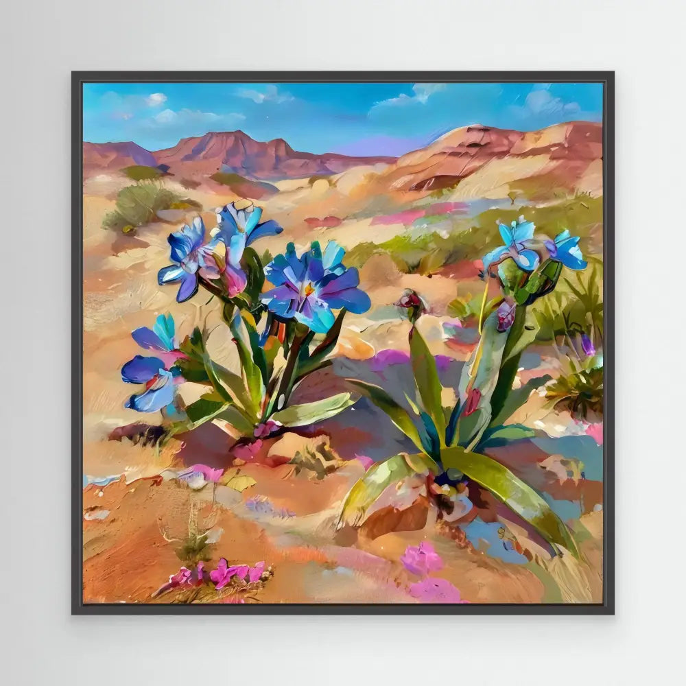 Vibrant blue iris flowers blooming in a desert landscape.