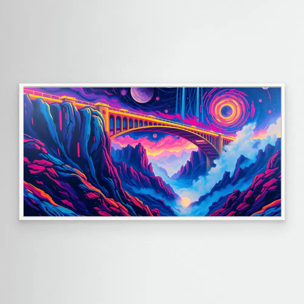 A vibrant bridge spans across a psychedelic canyon beneath a swirling cosmic sky.