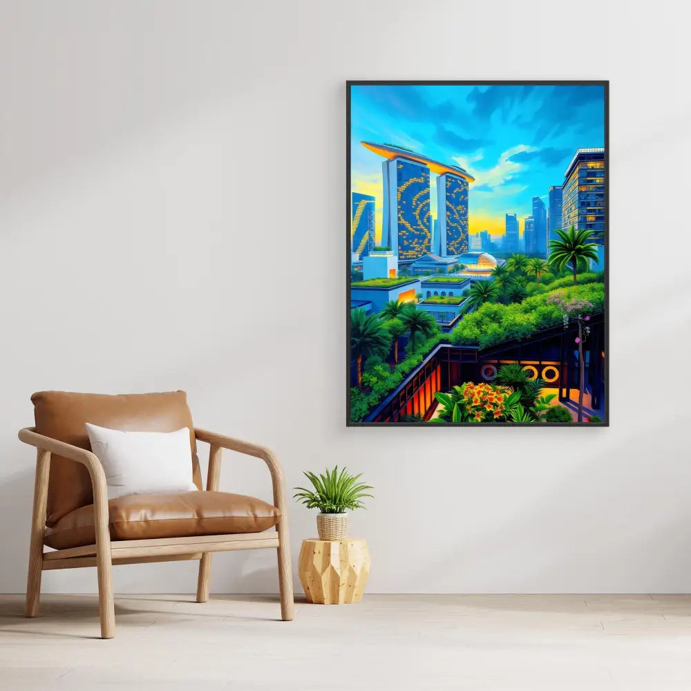 Vibrant cityscape artwork featuring Singapore’s Marina Bay Sands hotel against a blue sky.