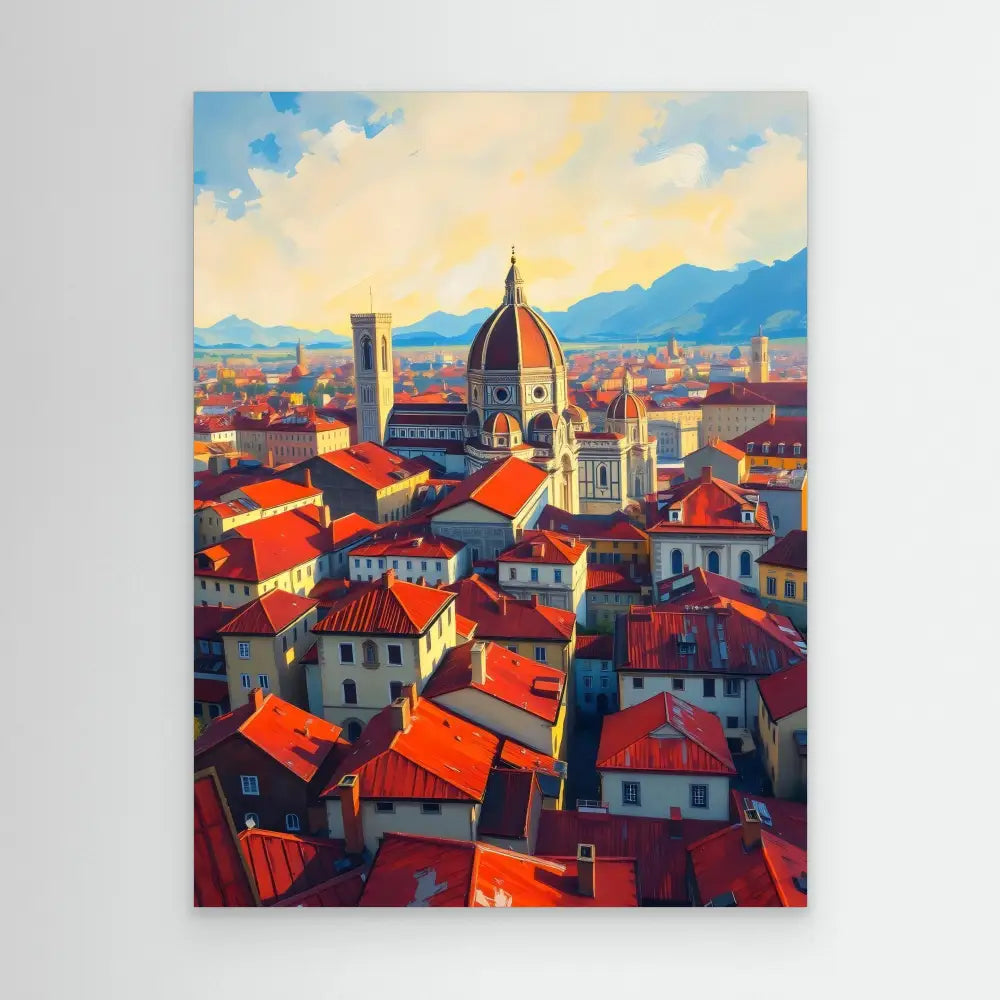 A vibrant cityscape of Florence, Italy featuring the iconic Duomo cathedral with its terracotta-tiled rooftops.