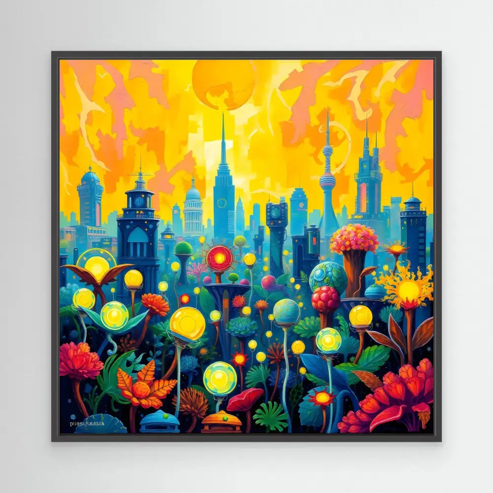 Vibrant cityscape with glowing flowers blooming beneath a golden sky.