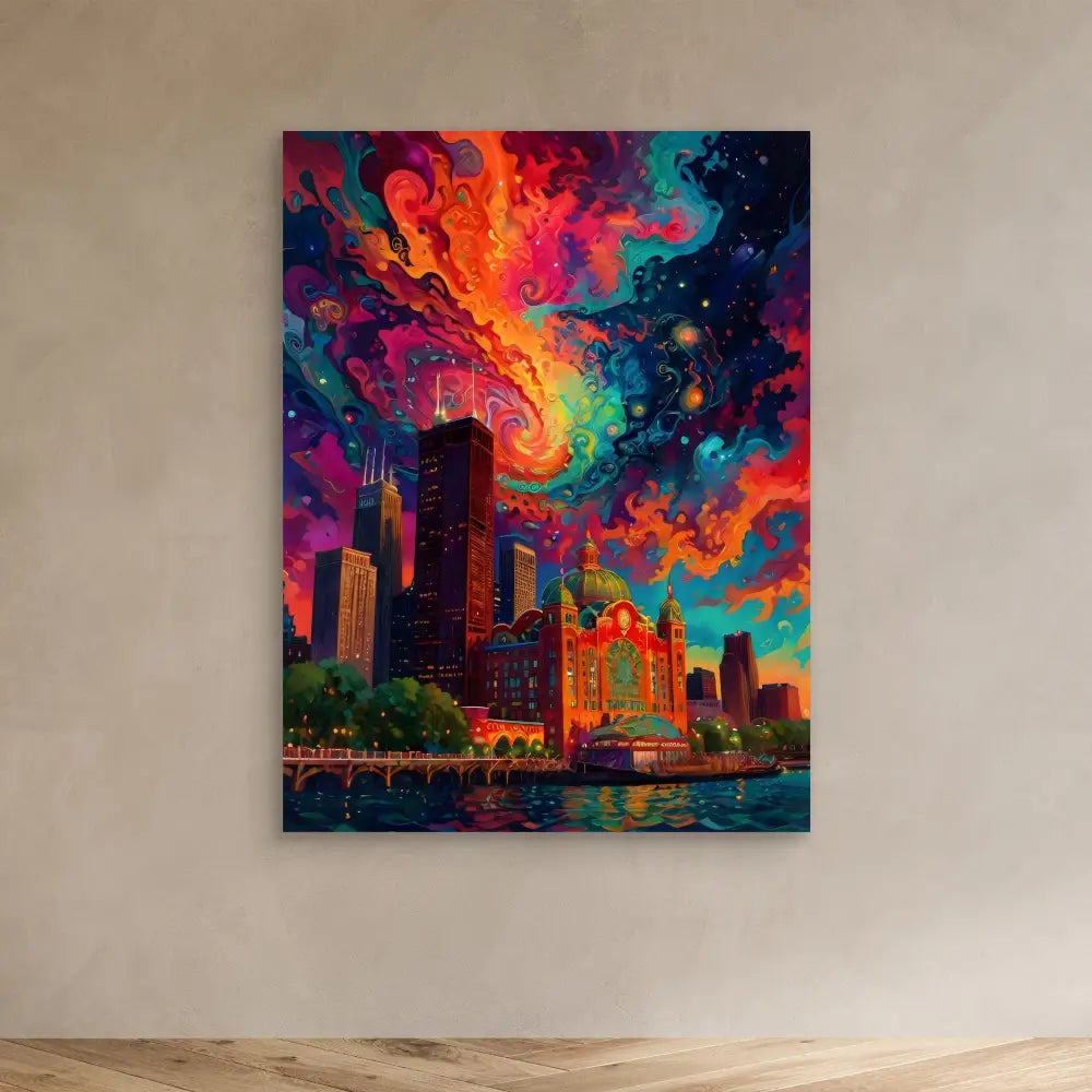 Vibrant cityscape painting with colorful swirling aurora-like sky over urban buildings.