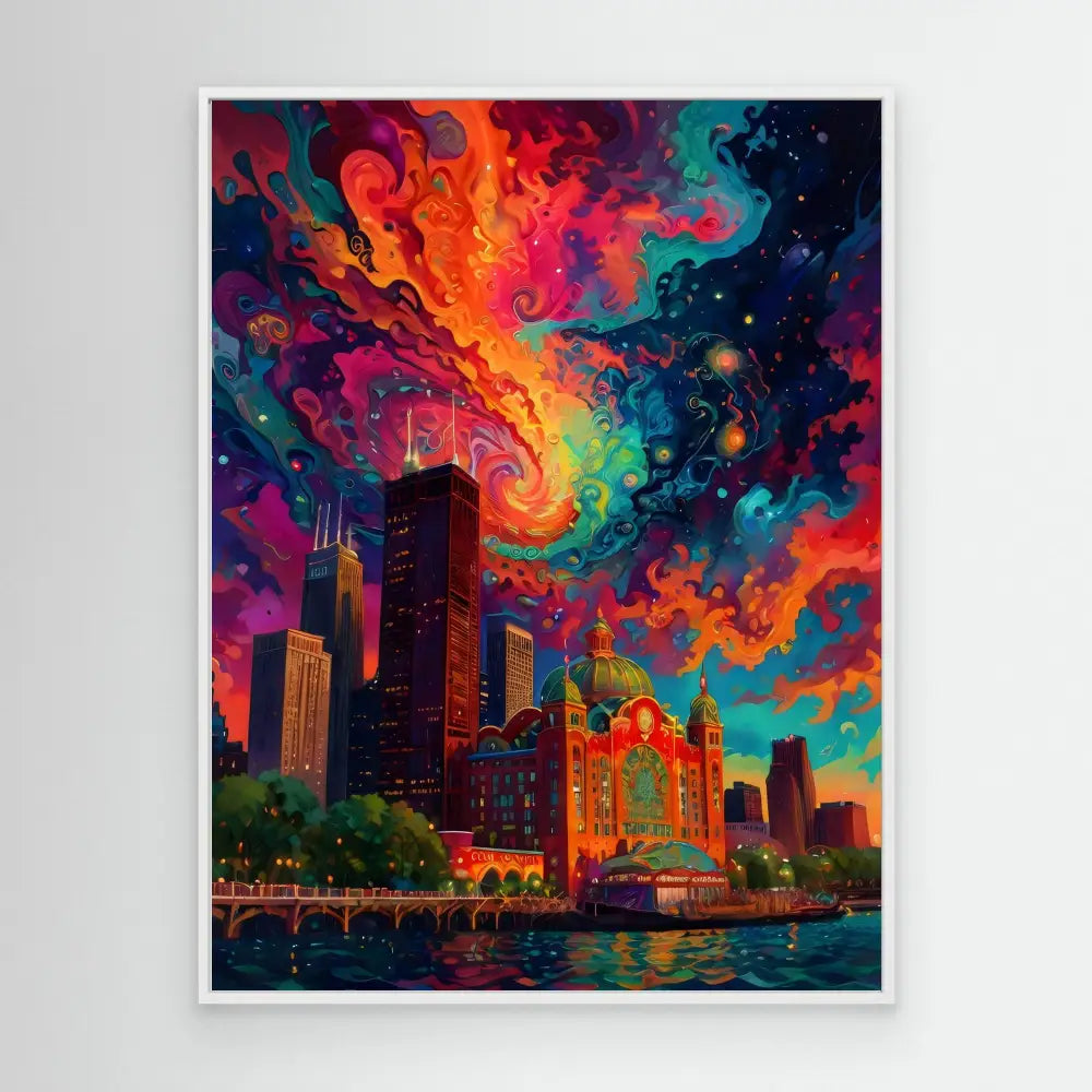 Vibrant cityscape painting with swirling colorful aurora-like clouds in the sky.