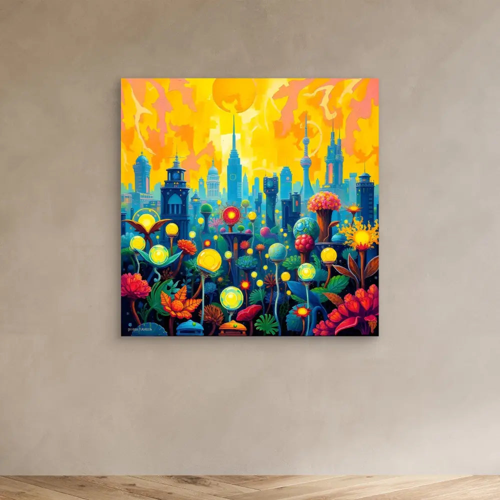 Vibrant cityscape painting with colorful flowers and glowing orbs against a yellow-orange sky.