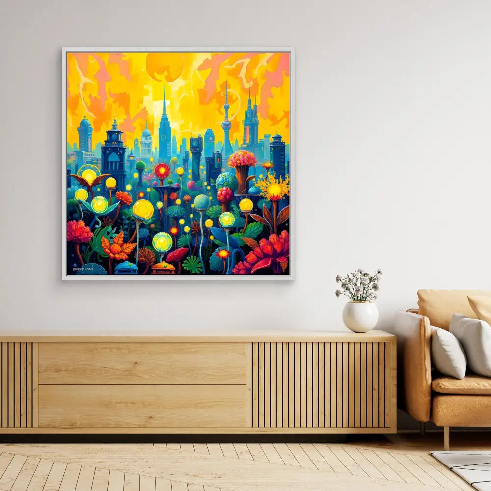 Vibrant cityscape painting with colorful flowers in the foreground against a golden sky.