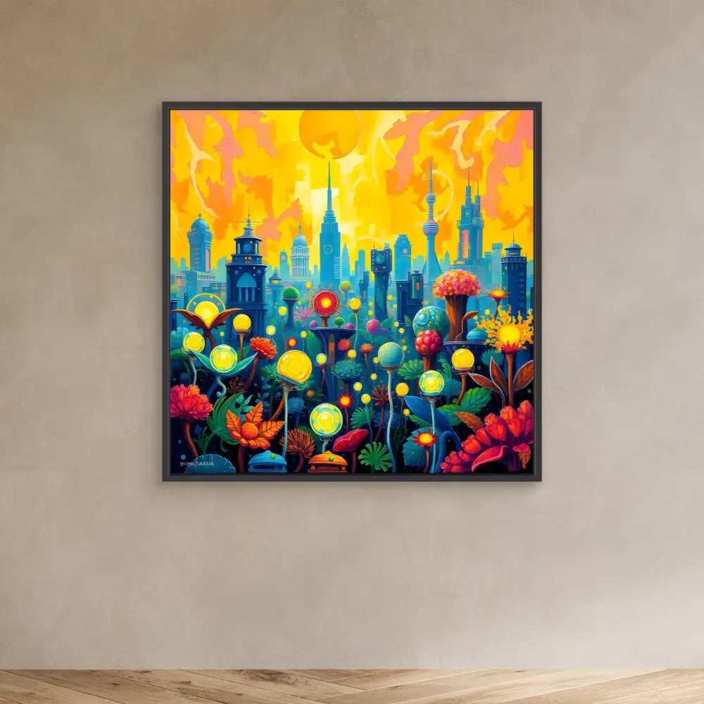 Vibrant cityscape painting featuring colorful flowers against a yellow sky and blue buildings.