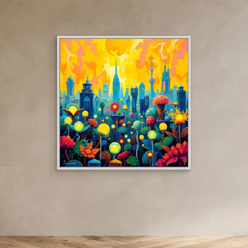 Vibrant cityscape painting featuring colorful flowers and glowing orbs against a turquoise skyline and orange sky.