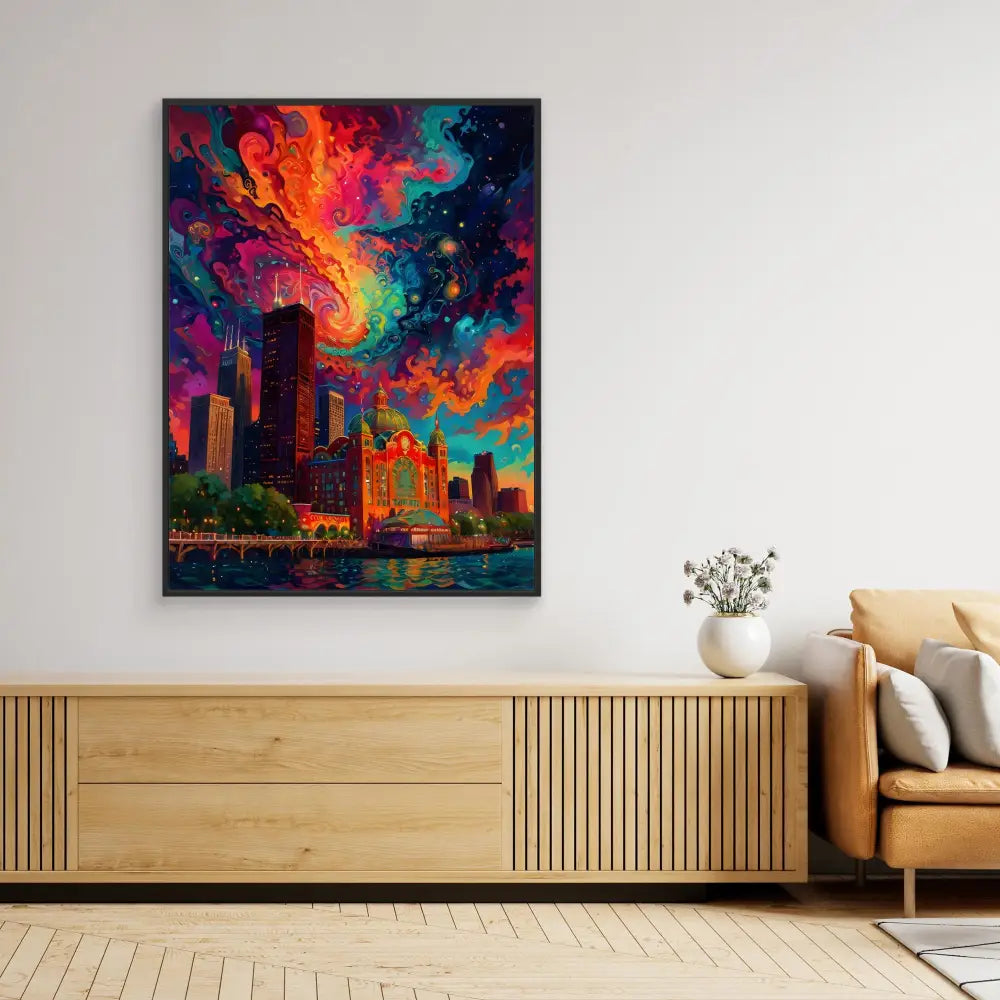 Vibrant cityscape painting featuring colorful swirling skies above urban buildings.