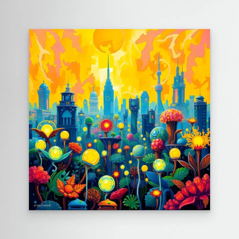 Vibrant cityscape painting with glowing flowers and a golden sky.