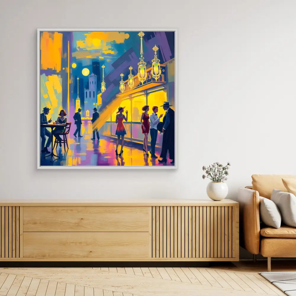 Vibrant cityscape painting featuring silhouetted figures against a colorful evening sky with illuminated buildings.