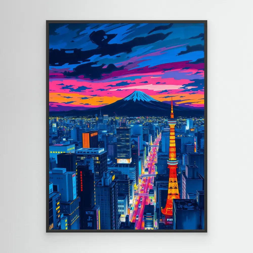 Vibrant cityscape painting of Tokyo at dusk with Mount Fuji and Tokyo Tower against a colorful sunset sky.