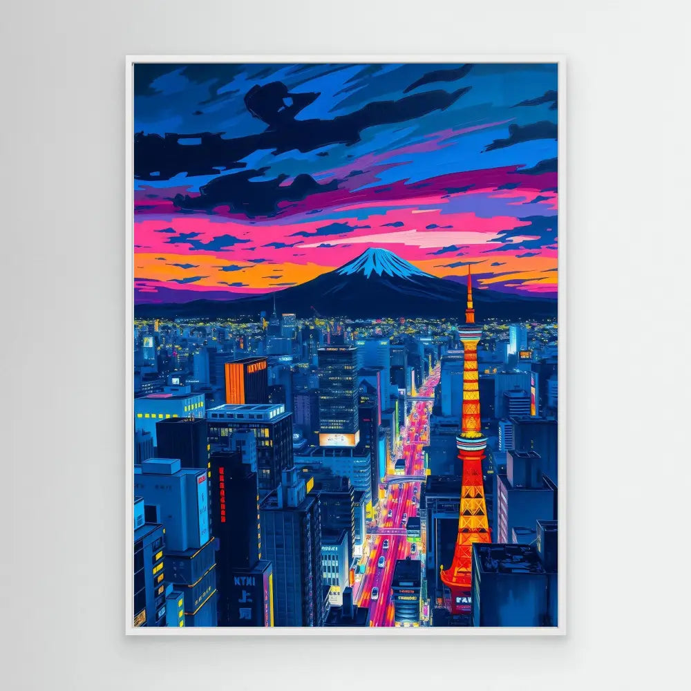 Vibrant cityscape painting of Tokyo at dusk with Mount Fuji and Tokyo Tower against a colorful sky.