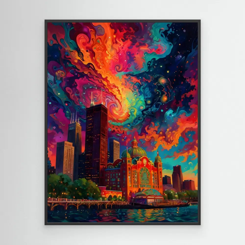 A vibrant cityscape with skyscrapers beneath a swirling, colorful aurora-like sky.