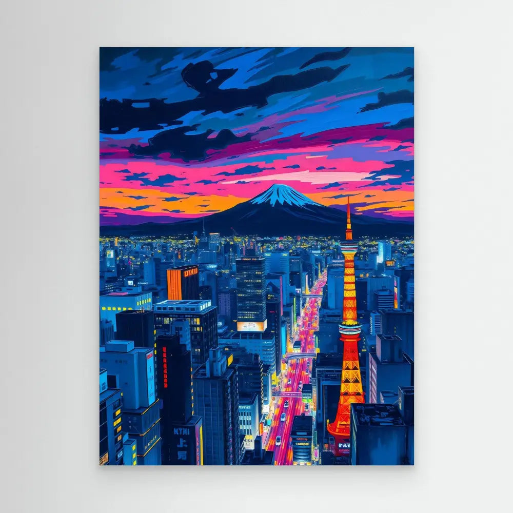 Vibrant cityscape of Tokyo at dusk with Mount Fuji and Tokyo Tower against a colorful sunset sky.