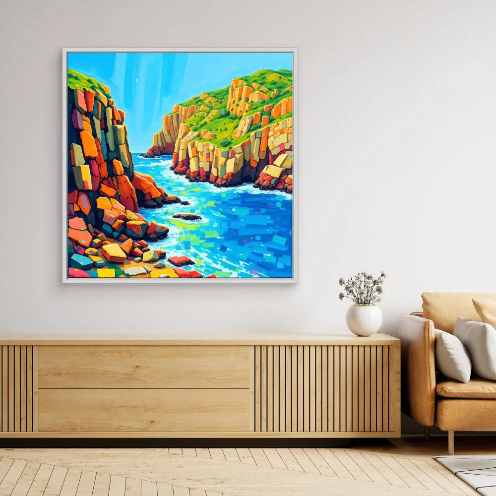 Vibrant coastal landscape painting featuring rocky cliffs and blue ocean waters.