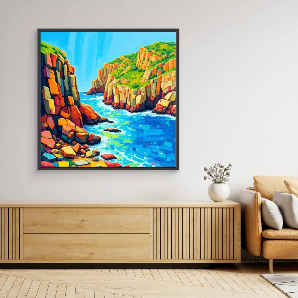 Vibrant coastal landscape painting featuring rocky cliffs and blue waters in a modern, colorful style.