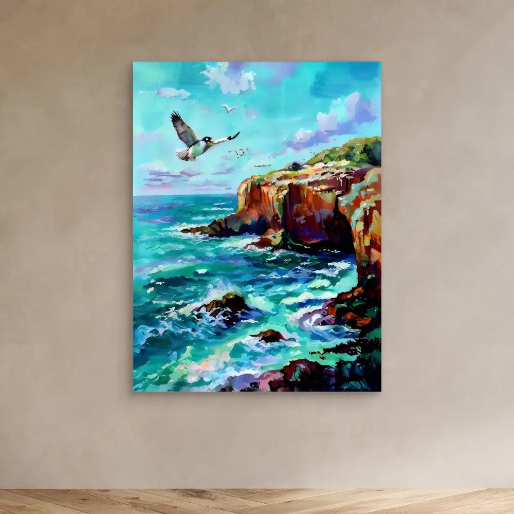 A vibrant coastal painting featuring rugged cliffs, crashing waves, and a soaring seabird.