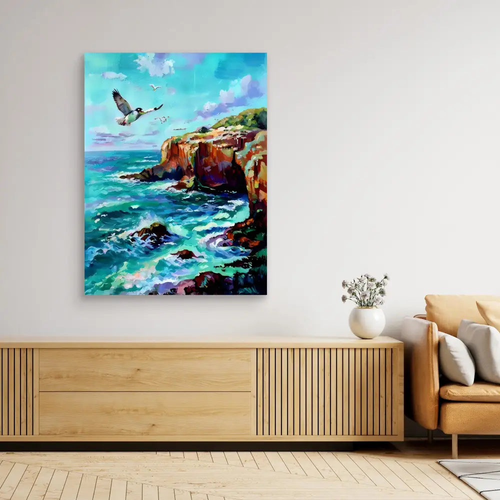 Vibrant coastal seascape painting featuring rocky cliffs, crashing waves, and a soaring bird against a turquoise sky.