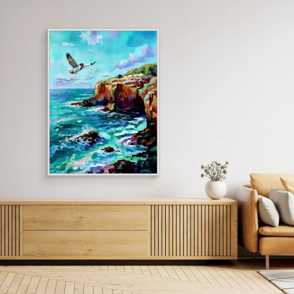 A vibrant coastal seascape painting featuring rocky cliffs, crashing waves, and a soaring bird.