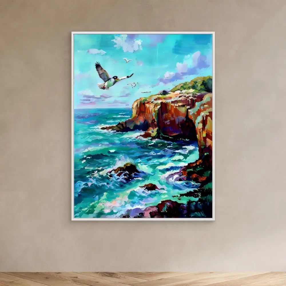 Vibrant coastal seascape painting featuring rugged cliffs and a soaring seagull.