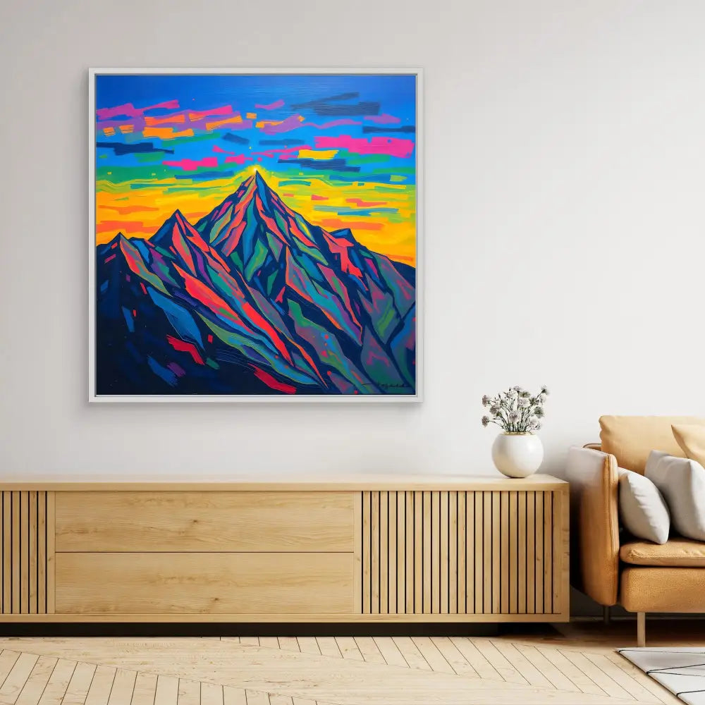 Vibrant, colorful mountain painting with bold geometric shapes against a dramatic sunset sky.