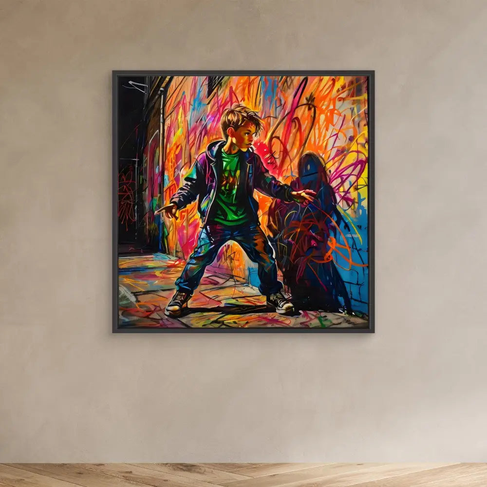 A vibrant, colorful painting depicting a dancer in motion against a graffiti-style backdrop.