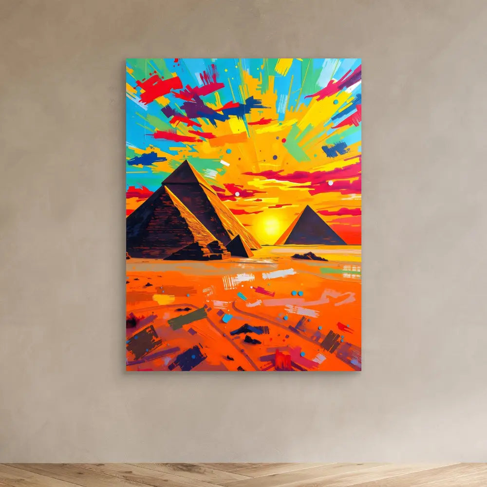 Vibrant, colorful painting of Egyptian pyramids against an explosive sunset sky.