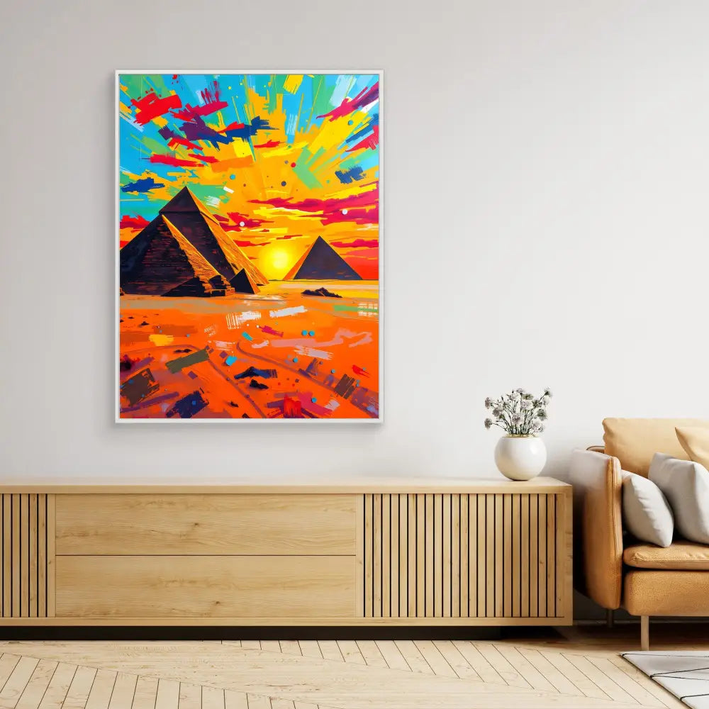 Vibrant, colorful painting of Egyptian pyramids against a dramatic sunset sky.