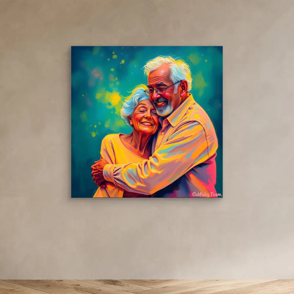 A vibrant, colorful painting of an elderly couple embracing and smiling together.