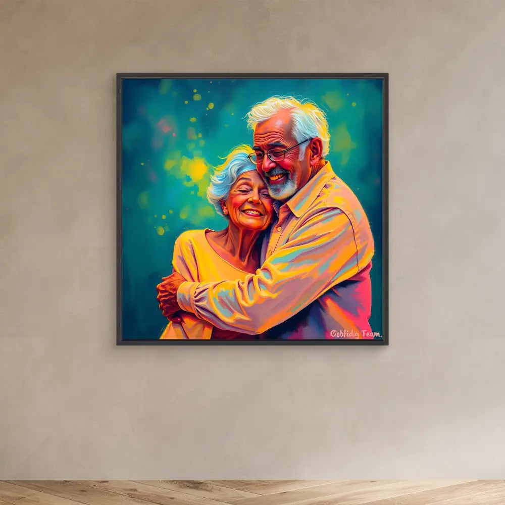 A vibrant colorful painting of an elderly couple embracing and smiling together.