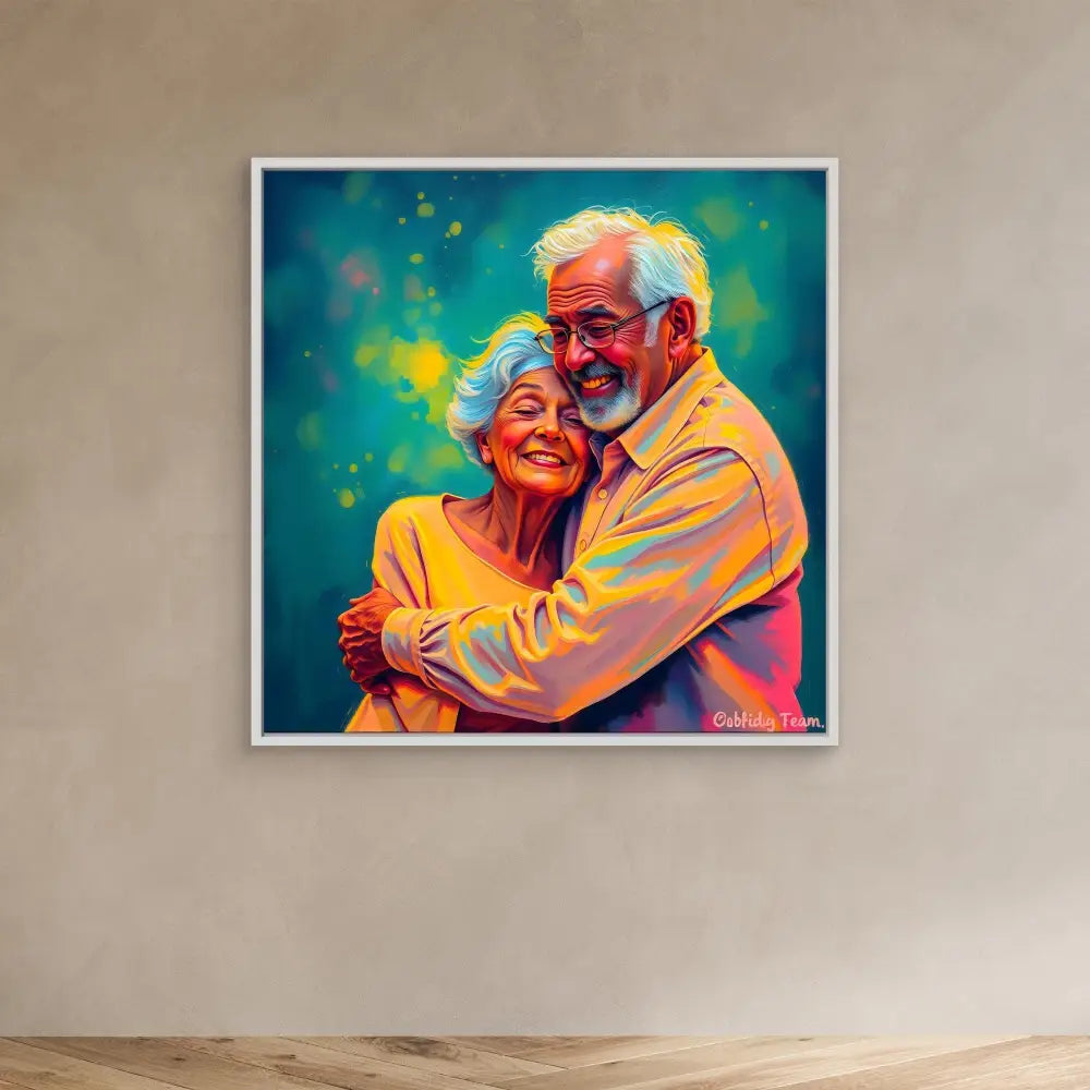 A vibrant, colorful painting of an elderly couple embracing and smiling together.