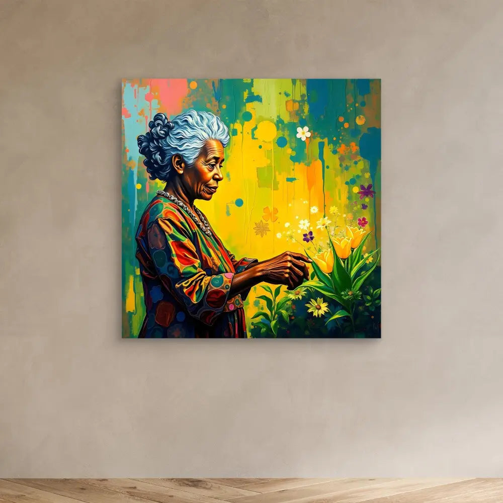 Vibrant colorful painting of an elderly person tending to flowers in a garden.