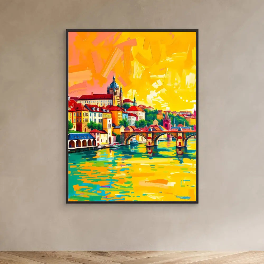 Vibrant colorful painting of a European cityscape with bridges over water at sunset.