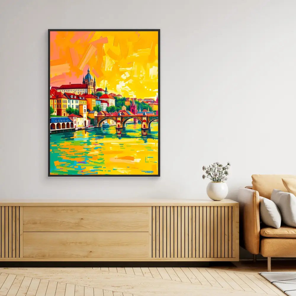 Vibrant colorful painting of a European cityscape with bridges over water against a golden sky.